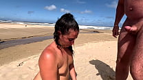 Doing a cum walk on the beach after sucking and jerking off cock