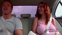 Redhead Rebecca Lane with giant breasts jumping on dick