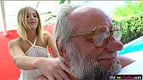 Russian blonde hottie Aria Logan give a massage to a grandpa