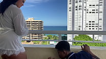 horny housewife fucks the balcony inspector