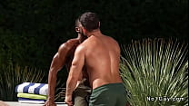 Alone in backyard gardener Beau Butler and pool man Sean Xavier are meeting and they quickly jumping on each other and sucking and anal fucking