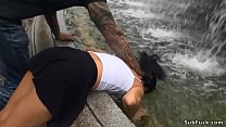 Slim Spanish slut Pamela Sanchez getting wet by master at public fountain at streets of Madrid then in crowded bar rough fucking by his big dick