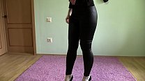 Amateur foot fetish from a blonde with a big ass. Elegant legs in a suit in a net, in various leggings, in white socks, and in high-heeled shoes.