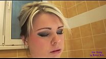 She masturbates in the bathroom and then her husband licks and fucks her nice clean and fragrant pussy