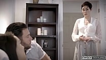 Homecare professional seduces her patients husband and they kiss.The big tits milf sucks his big cock and then he fucks her as his wife is next to em