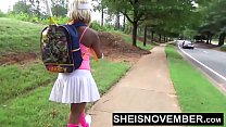 Young Ebony Sucking Old Cock Stranger In Public Giving Blowjob While Kneeling With Her Large Natural Breasts and Areolas Out Of Her Top, Sheisnovember Then Walks While Flashing Her Panty During Upskirt With Curvy Hips by Msnovember
