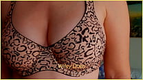WIFE lingerie try on showing perfect MILF tits in leopard print bra with maximum cleavage