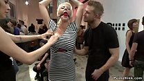 Mistress and master public d. huge tits blonde slave while she is blindfolded in public art gallery