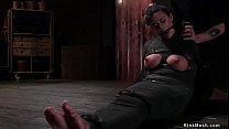 Gagged brunette hot slave gets mummified and hard whipped by master then chained in back bend into place gets pussy vibrated