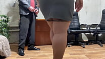 Curvy MILF in a tight skirt masturbates pussy with a vibrator and gets a load on her ass