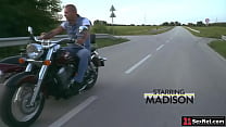 Madison McQueen is teasing her guy after riding on his bike.She strips naked and starts kissing him.The guy removes her panties and fucks her hard.