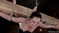 Brunette slave hottie Kasey Warner suffers several extreme rope bondage positions and hogtie and all the time gets whipped and tormented
