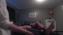 Brittany sucks and tickles her boyfriends tied up toes, until he orgasms