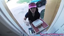 Delivery girl shows her body for a few bucks