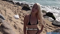 Seduced blondie doggystyled on the beach before missionary sex