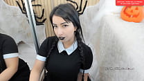 Wednesday Addams  18 cosplay dirty talking some sexy JOI while upskir and shows her big butt and suck her dildo