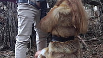 Public sex in fox fur coat and leather leggings