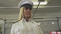 Busty uniformed tgirl Nadia Love convinces a guy to come back to the naval army by sucking his cock.The tattooed trans is asslicked and barebacks him