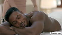 Shemale masseuse gets horny while massaging her black guy client.She starts removing their clothes and she lets him bareback her ass.