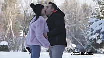 Blowjob in the snow then rimjob in the living room