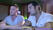 Muscular gay hunk facialized at bj orgy