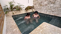 Two hot lesbians masturbate in a public pool, afraid of getting caught.