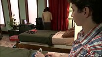 Big tits brunette shemale backpacker Annalise Rose seduces little man roommate in hostel Howard Taggart and then with big cock anal fucks him
