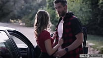Petite blonde car broke down and a guy gives her a ride.Hes a criminal and the small tits babe flirts with him.She gets facefucked and banged outdoors