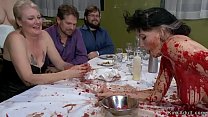 Brunette slave is spanked in public soup course then anal toyed till in suspension gets mouth banged and lezdom fucked