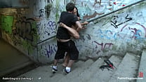 James Deen handcuffs sexy brunette naked Romanian slut Sandra Romain to handrail in public underpass and fucks her ass with huge cock then walks her on all four around the town