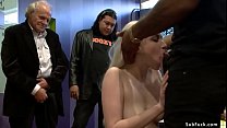 Pale blonde slave Ranie Mae made by mistress Princess Donna Dolore suck big black cock to John Johnson and some stranger in crowded public place