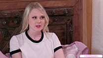 MissLick.com - Stepsister offers her sis her first time lesbian sex to keep a secret.The small tits blonde kisses and licks her pussy.The babe gives oral and rims