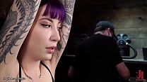 Small tits little tattooed purple haired slave Charlotte Sartre is bound to wooden column by master The Pope then in upside down suspension spanked and whipped