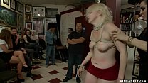 Dominatrix Princess Donna Dolore binds hot busty blonde slut Alice Frost in in small cart and anal toys her then makes her deep throat in tattoo shop