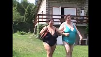 Milf and mature BBW lesbians lick their cunts near by the lake