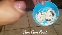 Pouring my sperm over a creamy ice cream bowl.