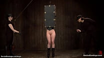 Slave Iona Grace in ballet boots and upper body boxed gets tormented by Master Orlando and mistress Claire Adams then in metal device bondage caned