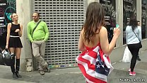 Hot brunette American tourist slut Juliette March in her flag naked d. in public then in bar sucked and fucked