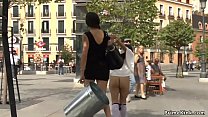 Nude gagged and handcuffed Euro brunette babe public d. in Spanish square by mistress