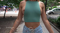 flashing her boobs and bouncing them outdoors