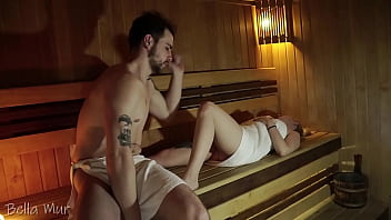 Curvy girl getting naked for a dick in sauna